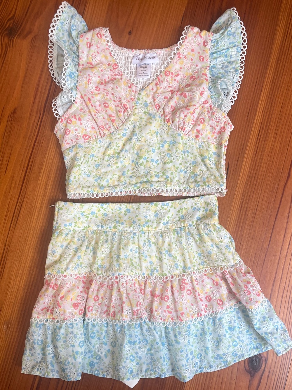 Floral Patchwork Ruffle Two-Piece Set - Pastel Pink, Yellow, Blue